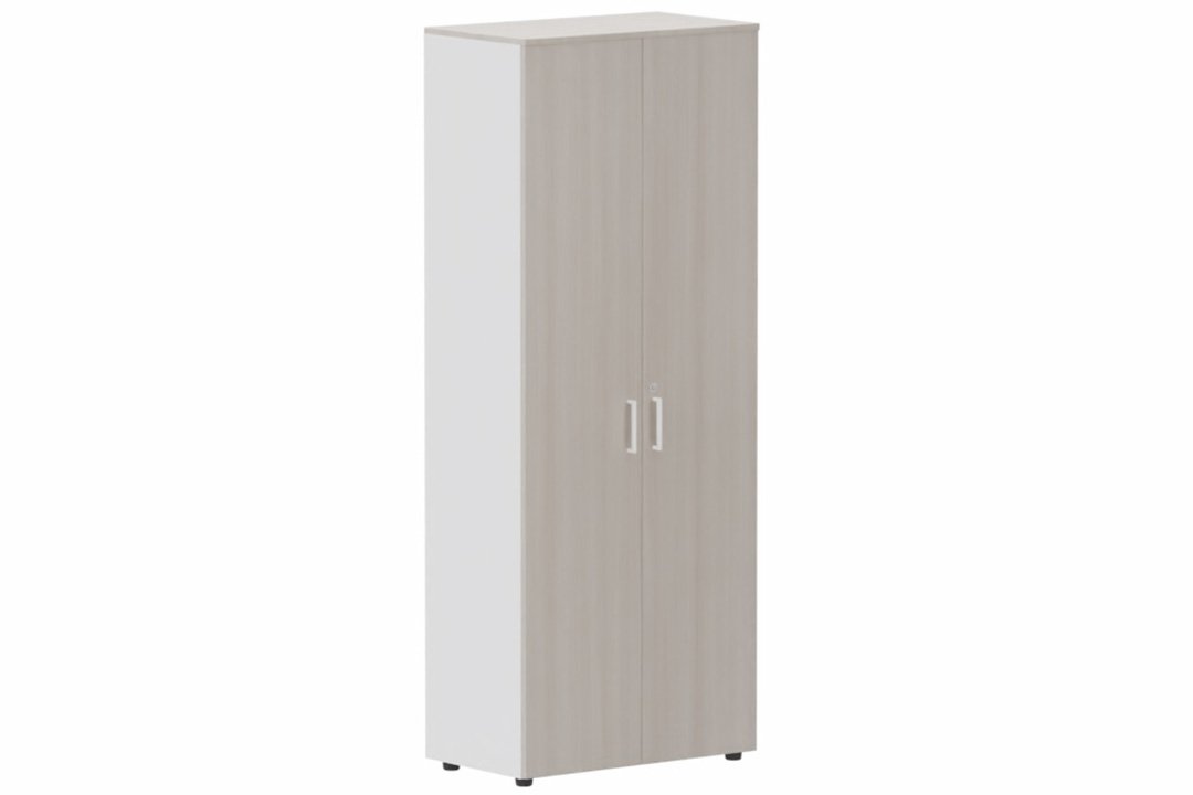 Armoire mélamine H196xL100cm portes bois -Finitions= Top de finition : acacia (AK) / Corps d'armoire et tablettes : blanc / Façade : Acacia (AK) poignées blanc