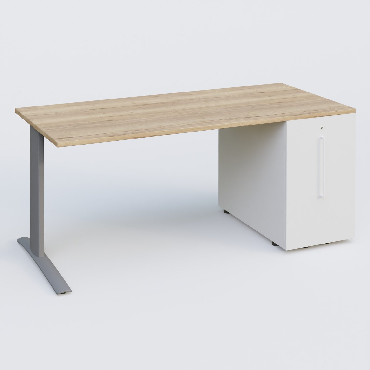 K1 Plateau droit 160x80 avec tour de rangement sous plateau à droite. Plateau Chêne naturel et pietement Aluminium
