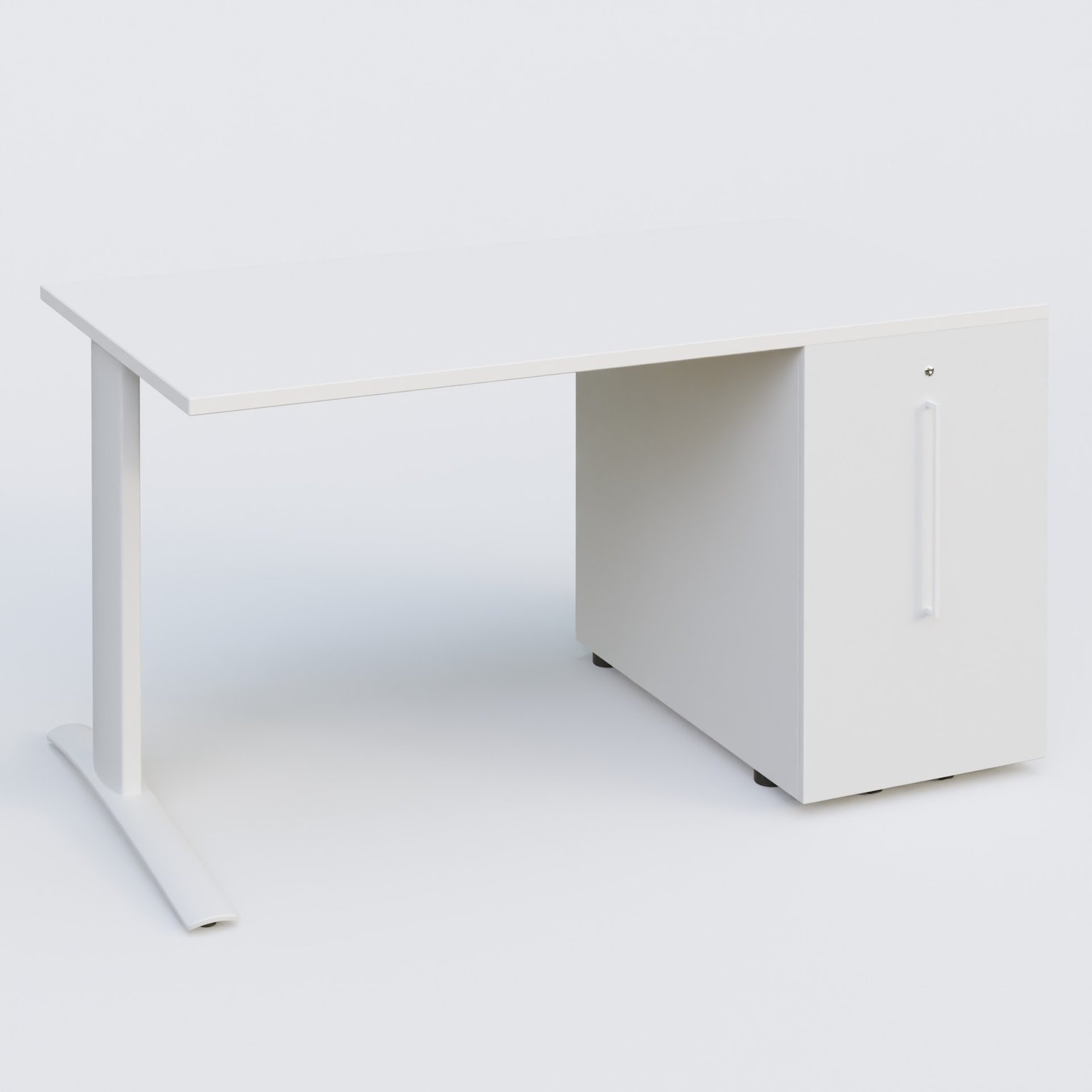 K1 Plateau droit 140x80 avec tour de rangement sous plateau à droite. Plateau Blanc et pietement Blanc
