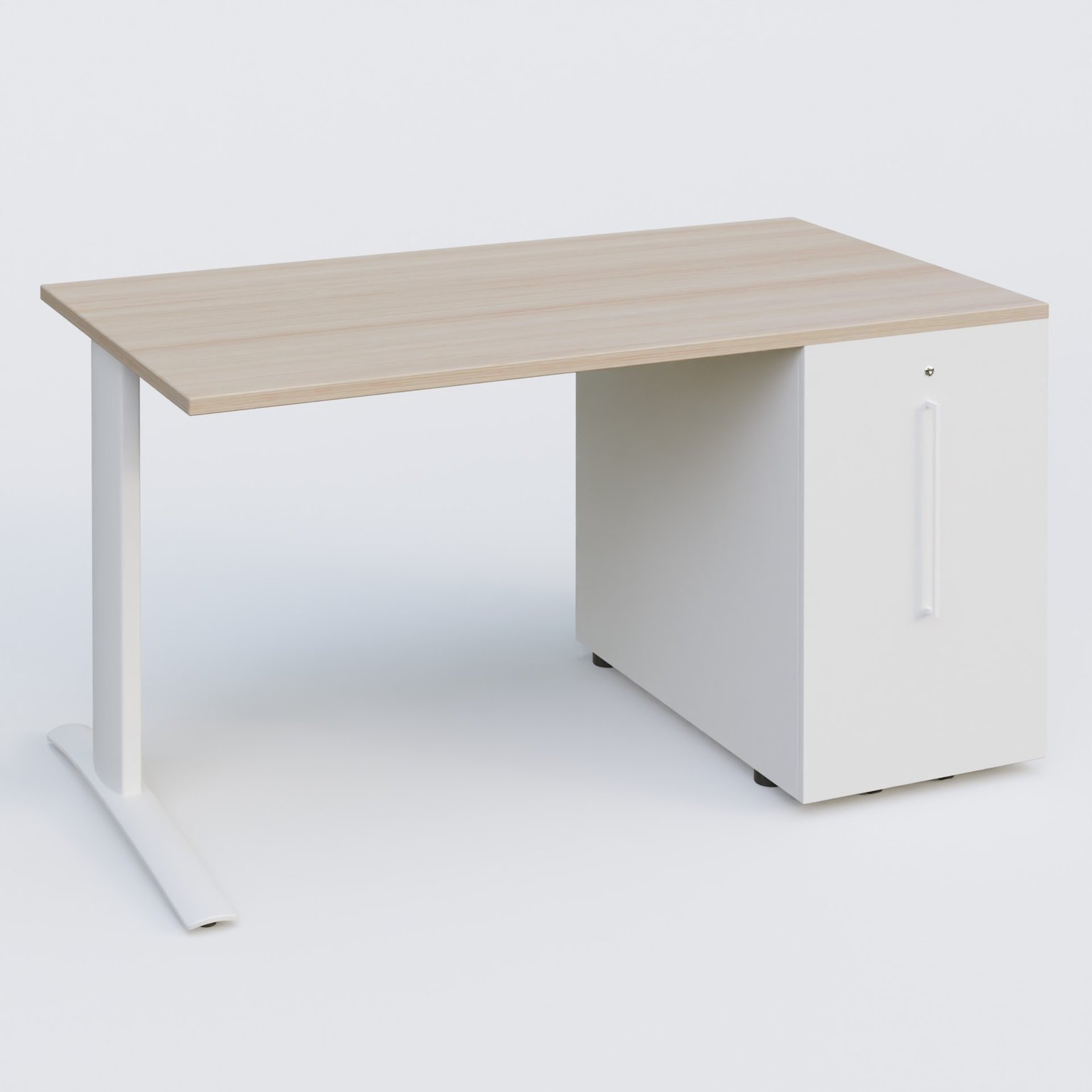 K1 Plateau droit 140x80 avec tour de rangement sous plateau à droite. Plateau Acacia et pietement Blanc