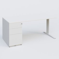 [Pas de famille] - [Pas de sous famille] - K1 Plateau droit 160x80 avec caisson métal porteur sous plateau à gauche. Plateau Blanc et pietement Blanc