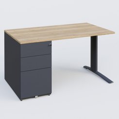 [Pas de famille] - [Pas de sous famille] - K1 Plateau droit 140x80 avec caisson métal porteur sous plateau à gauche. Plateau Chêne naturel et pietement Anthracite