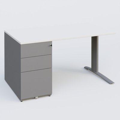 [Pas de famille] - [Pas de sous famille] - K1 Plateau droit 140x80 avec caisson métal porteur sous plateau à gauche. Plateau Blanc et pietement Aluminium