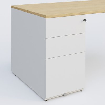 [Pas de famille] - [Pas de sous famille] - K1 Plateau droit 140x80 avec caisson métal porteur sous plateau à gauche. Plateau Chêne clair et pietement Blanc