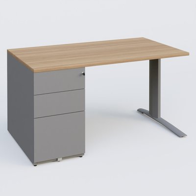 [Pas de famille] - [Pas de sous famille] - K1 Plateau droit 140x80 avec caisson métal porteur sous plateau à gauche. Plateau Noyer et pietement Aluminium