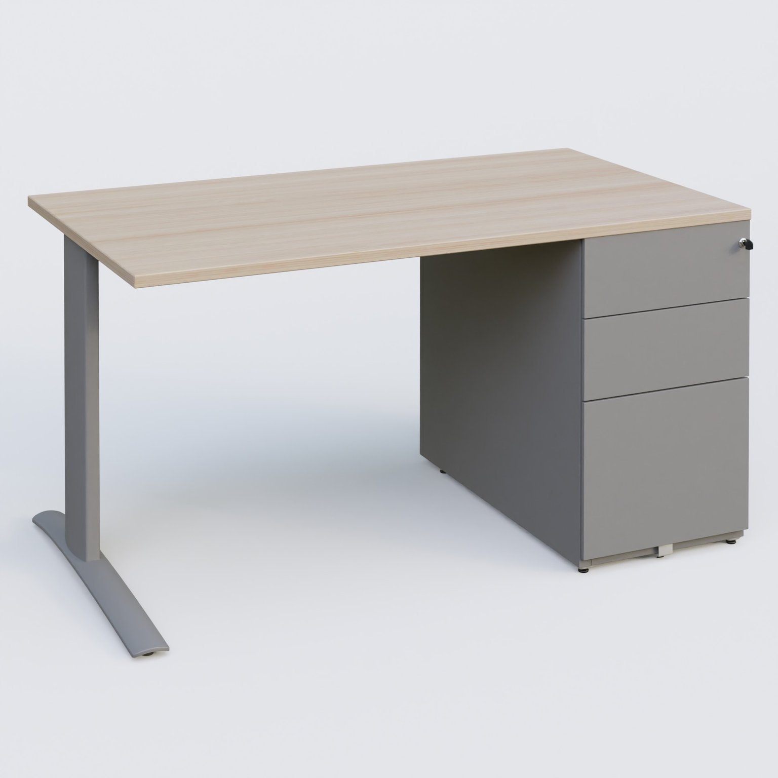 K1 Plateau droit 140x80 avec caisson métal porteur sous plateau à droite. Plateau Acacia et pietement Aluminium