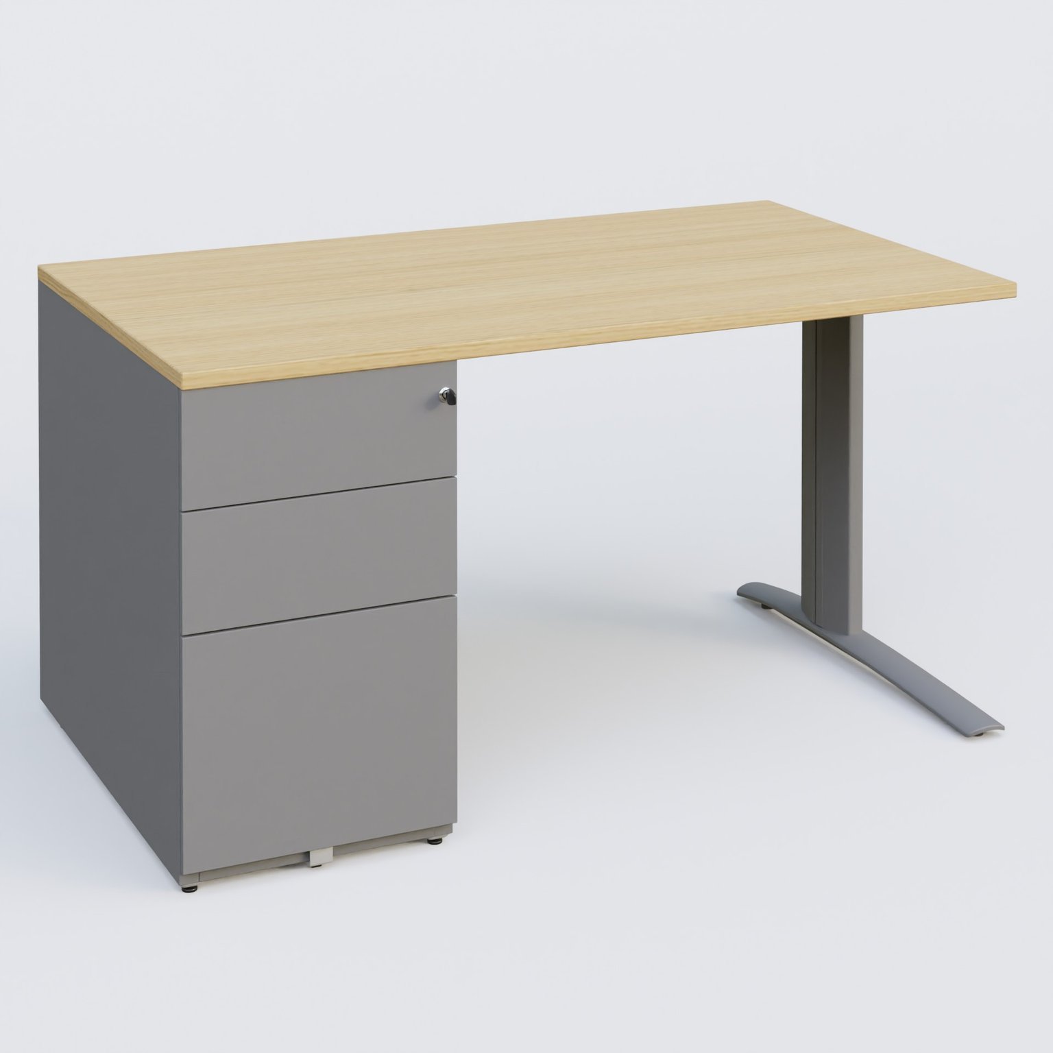 K1 Plateau droit 140x80 avec caisson métal porteur sous plateau à gauche. Plateau Chêne clair et pietement Aluminium