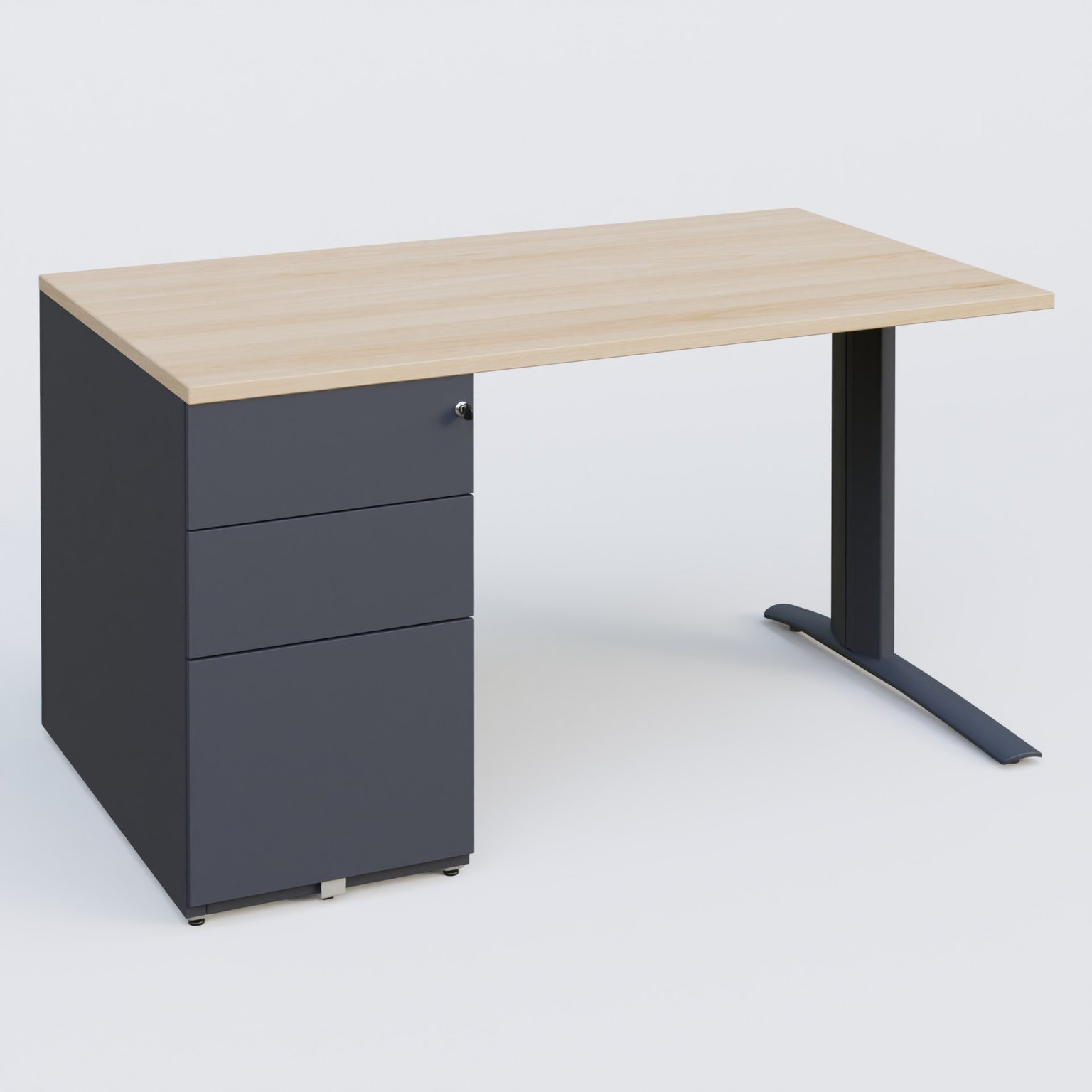 K1 Plateau droit 140x80 avec caisson métal porteur sous plateau à gauche. Plateau Hêtre et pietement Anthracite