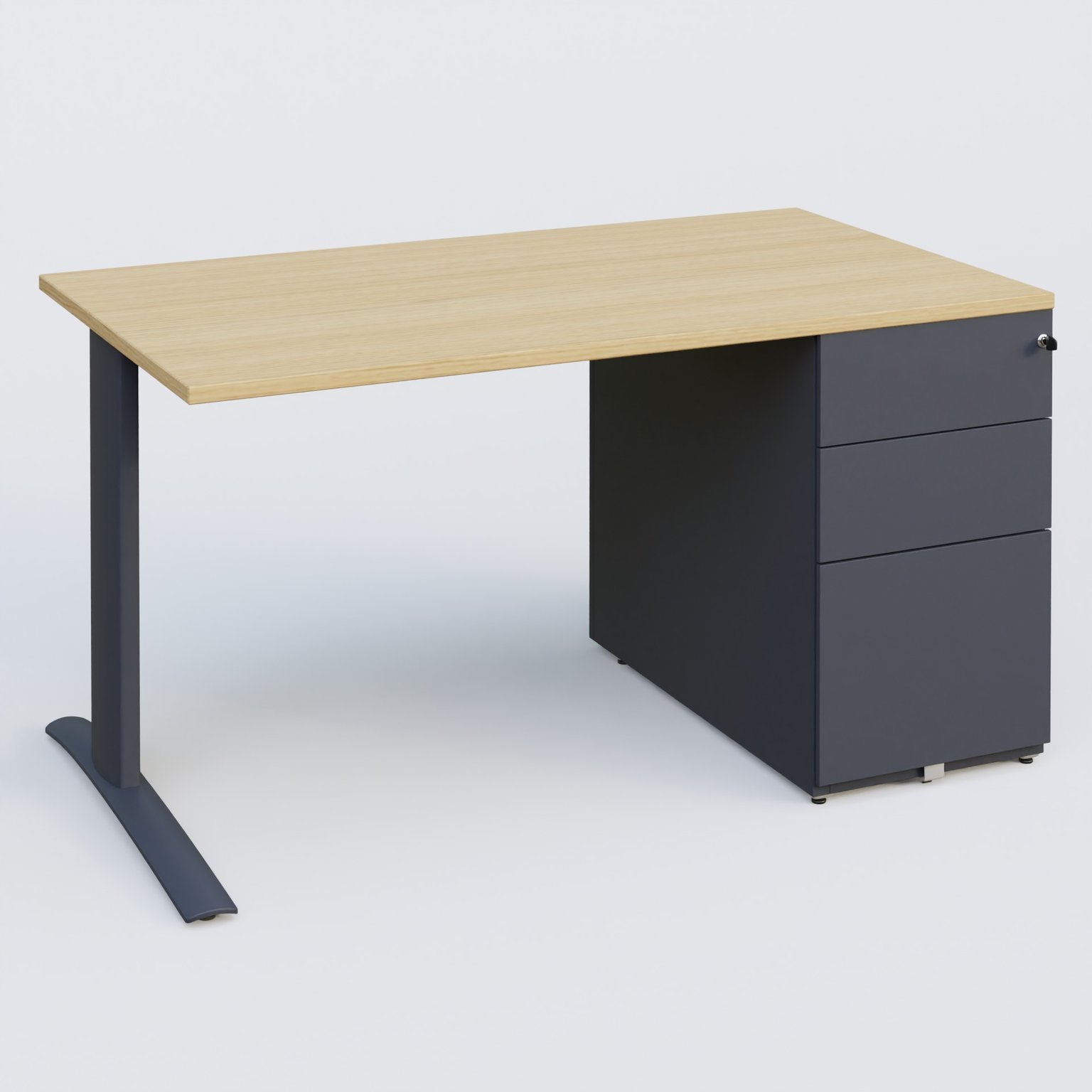 K1 Plateau droit 140x80 avec caisson métal porteur sous plateau à droite. Plateau Chêne clair et pietement Anthracite