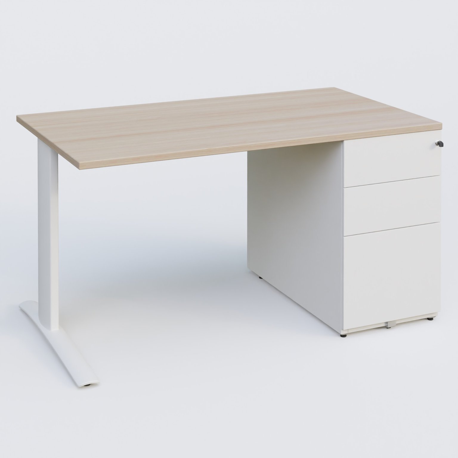 K1 Plateau droit 140x80 avec caisson métal porteur sous plateau à droite. Plateau Acacia et pietement Blanc