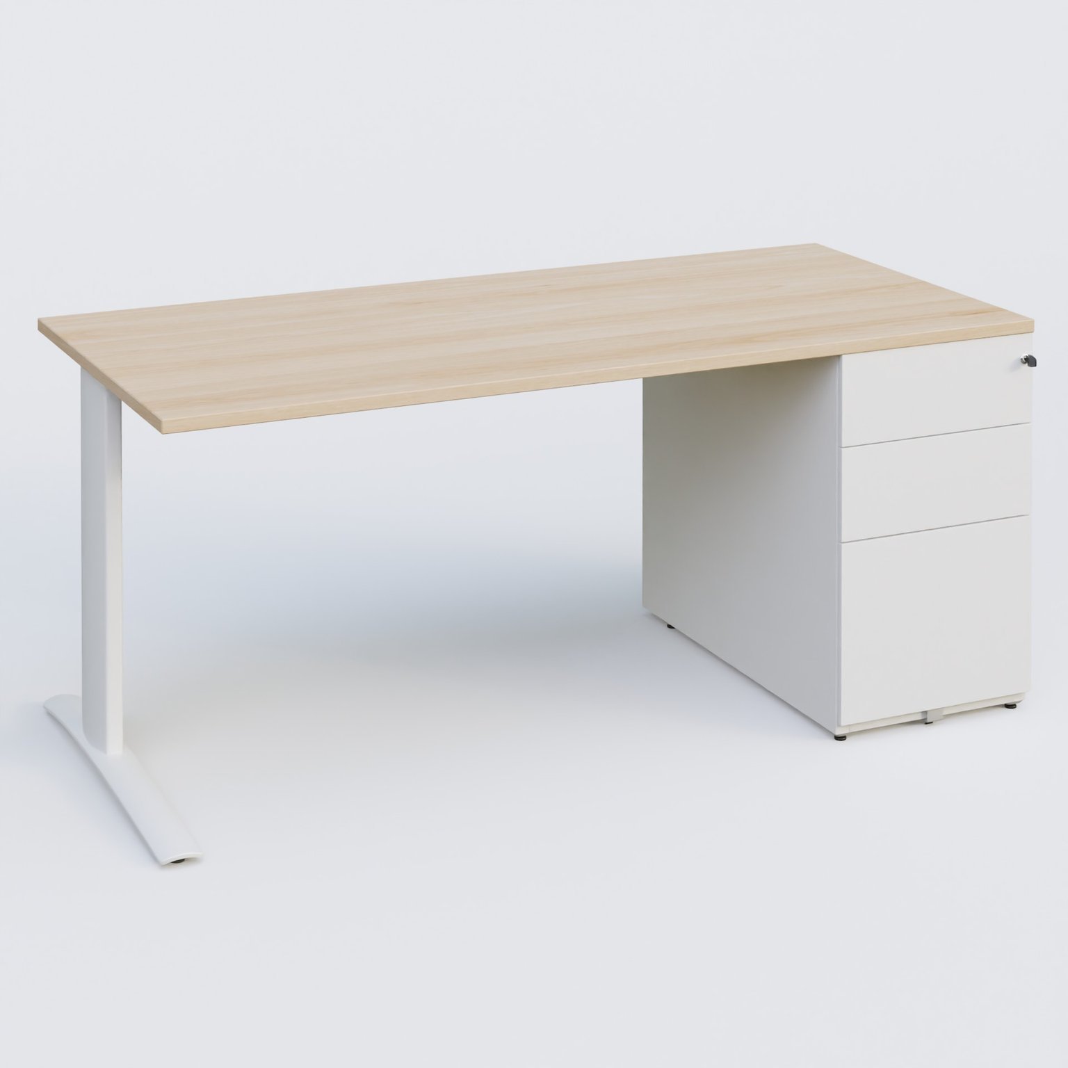 K1 Plateau droit 180x80 avec caisson métal porteur sous plateau à droite. Plateau Hêtre et pietement Blanc
