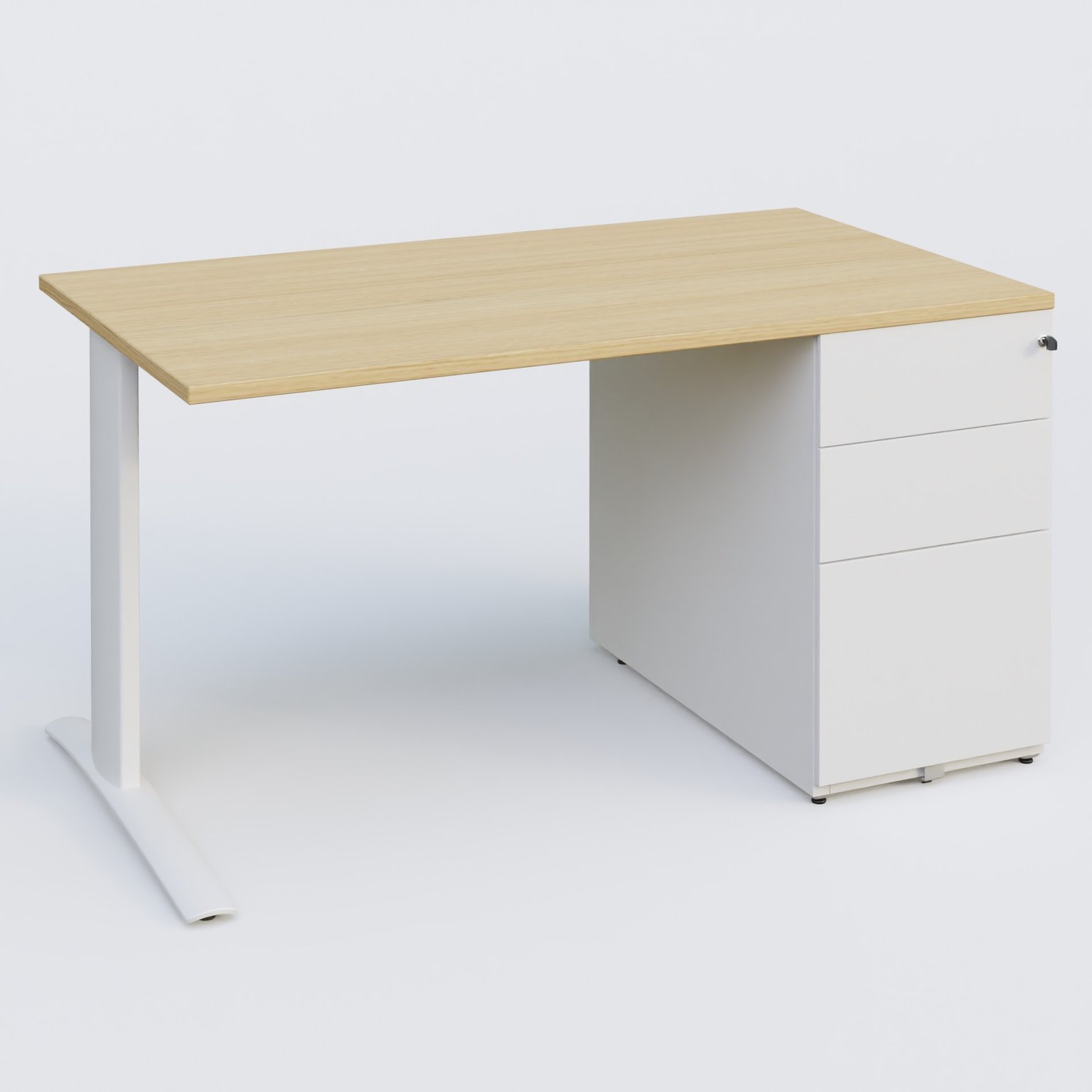 K1 Plateau droit 140x80 avec caisson métal porteur sous plateau à droite. Plateau Chêne clair et pietement Blanc