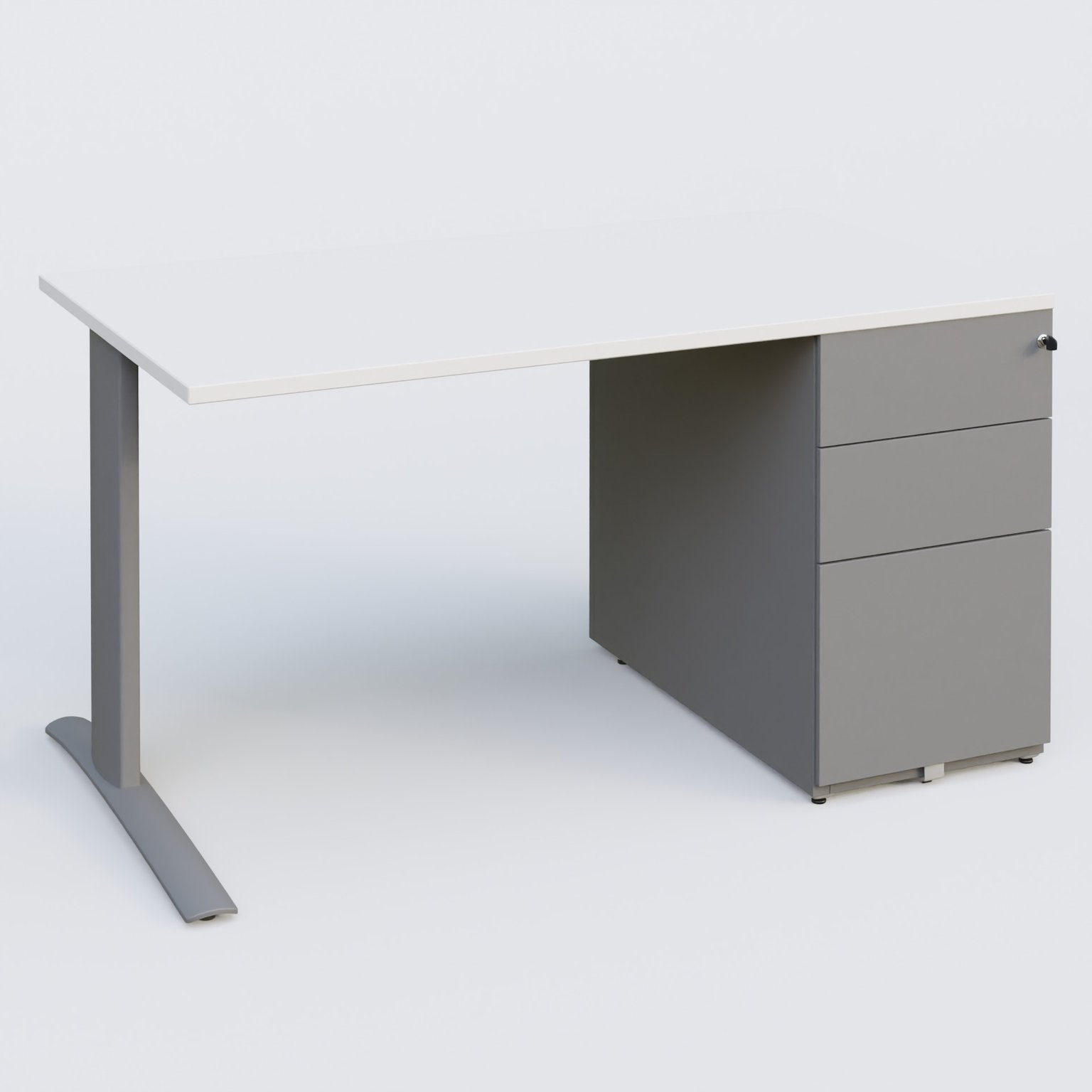 K1 Plateau droit 140x80 avec caisson métal porteur sous plateau à droite. Plateau Blanc et pietement Aluminium