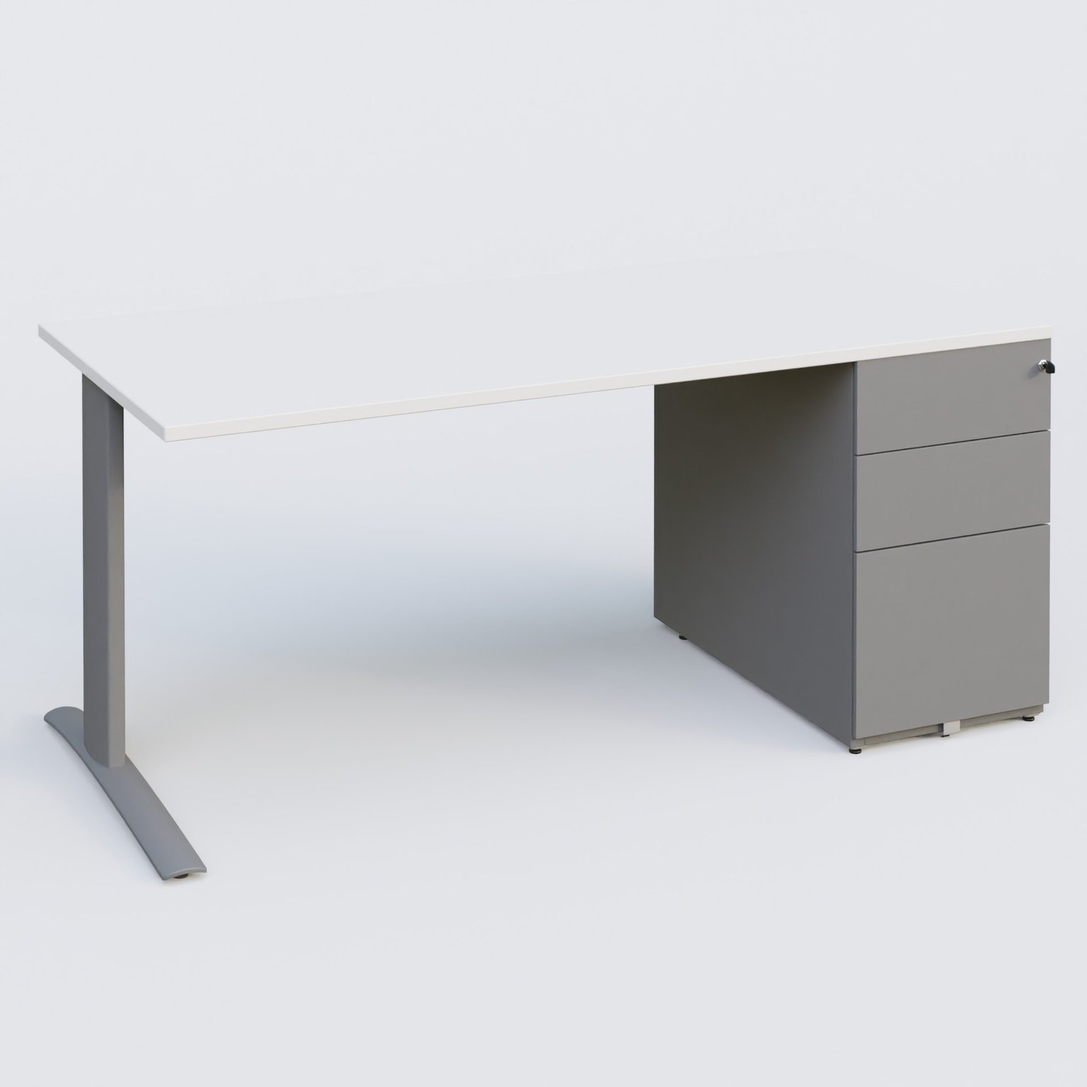 K1 Plateau droit 180x80 avec caisson métal porteur sous plateau à droite. Plateau Blanc et pietement Aluminium