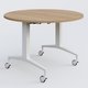 Table ronde de la gamme LEM D110 cm. Plateau Noyer et pietement Blanc.