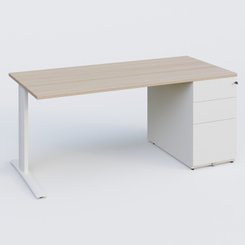 [Pas de famille] - [Pas de sous famille] - K1 Plateau droit 160x80 avec caisson métal porteur sous plateau à droite. Plateau Acacia et pietement Blanc