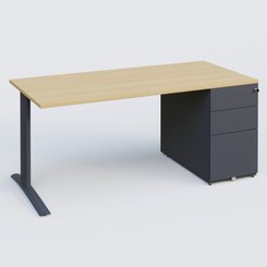 [Pas de famille] - [Pas de sous famille] - K1 Plateau droit 160x80 avec caisson métal porteur sous plateau à droite. Plateau Chêne clair et pietement Anthracite