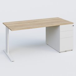 [Pas de famille] - [Pas de sous famille] - K1 Plateau droit 160x80 avec caisson métal porteur sous plateau à droite. Plateau Chêne naturel et pietement Blanc