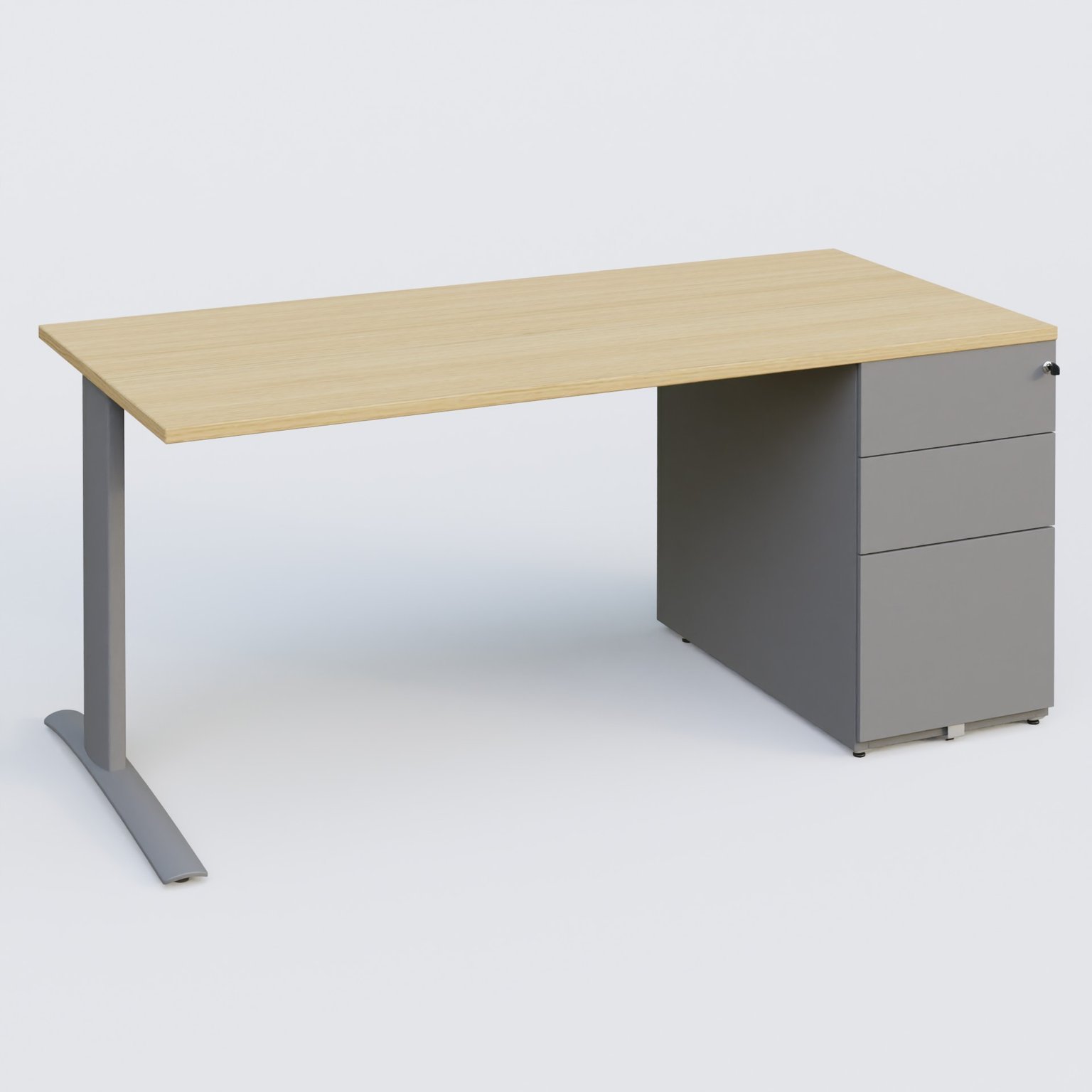 K1 Plateau droit 160x80 avec caisson métal porteur sous plateau à droite. Plateau Chêne clair et pietement Aluminium