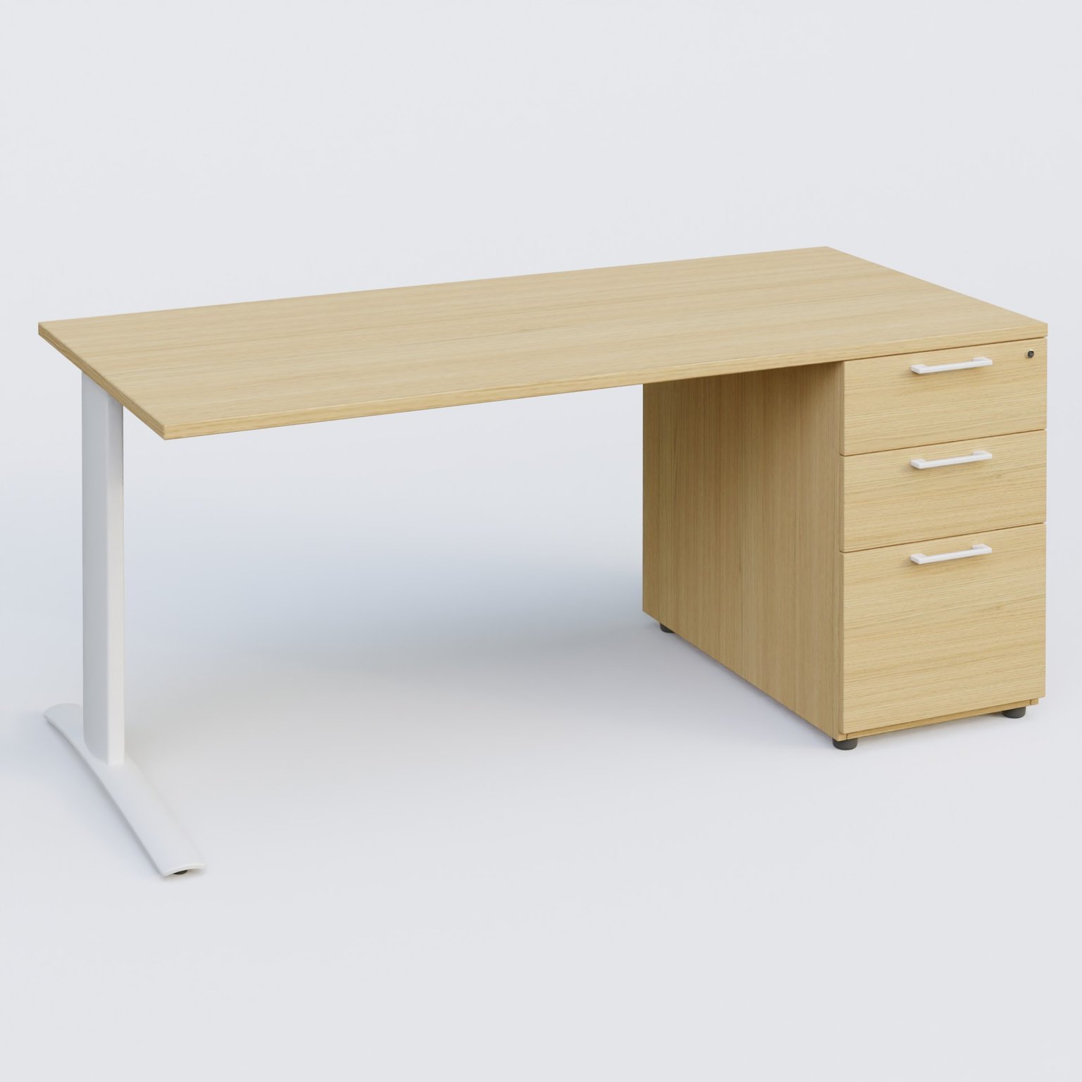 K1 Plateau droit 180x80 avec caisson porteur sous plateau mélamine à droite. Plateau Chêne clair et pietement Blanc