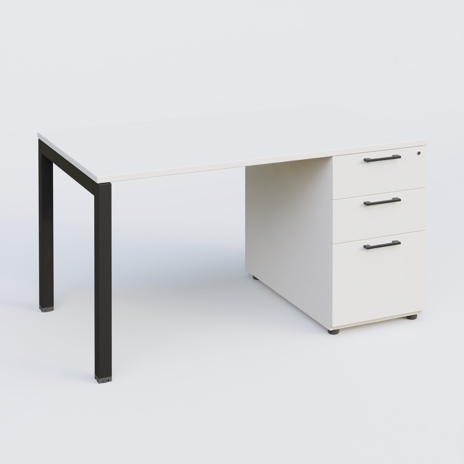 K3 Plateau droit 140x80 avec caisson porteur mélamine. Plateau ,caisson Blanc et pietement Noir Mat