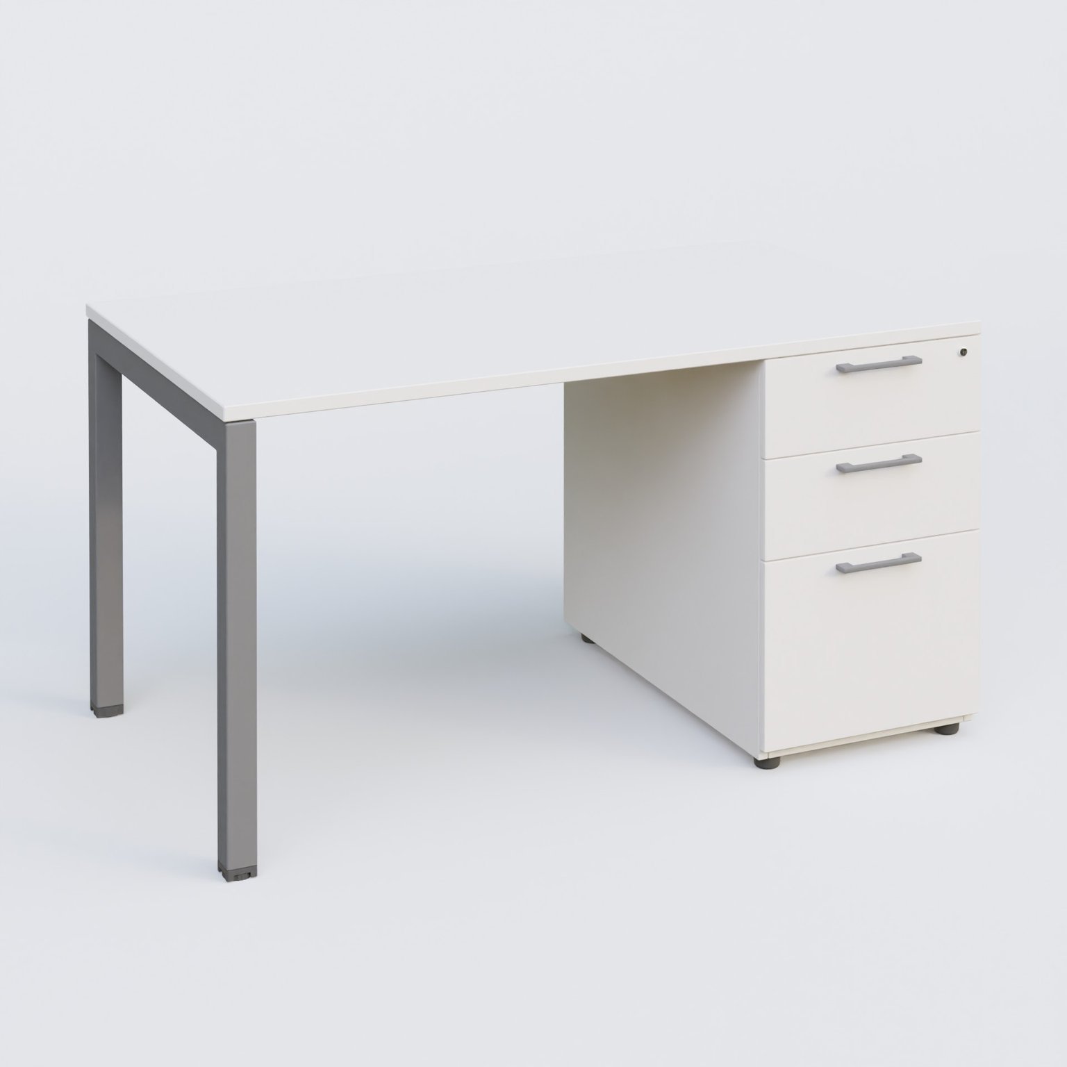 K3 Plateau droit 140x80 avec caisson porteur mélamine. Plateau ,caisson Blanc et pietement Aluminium