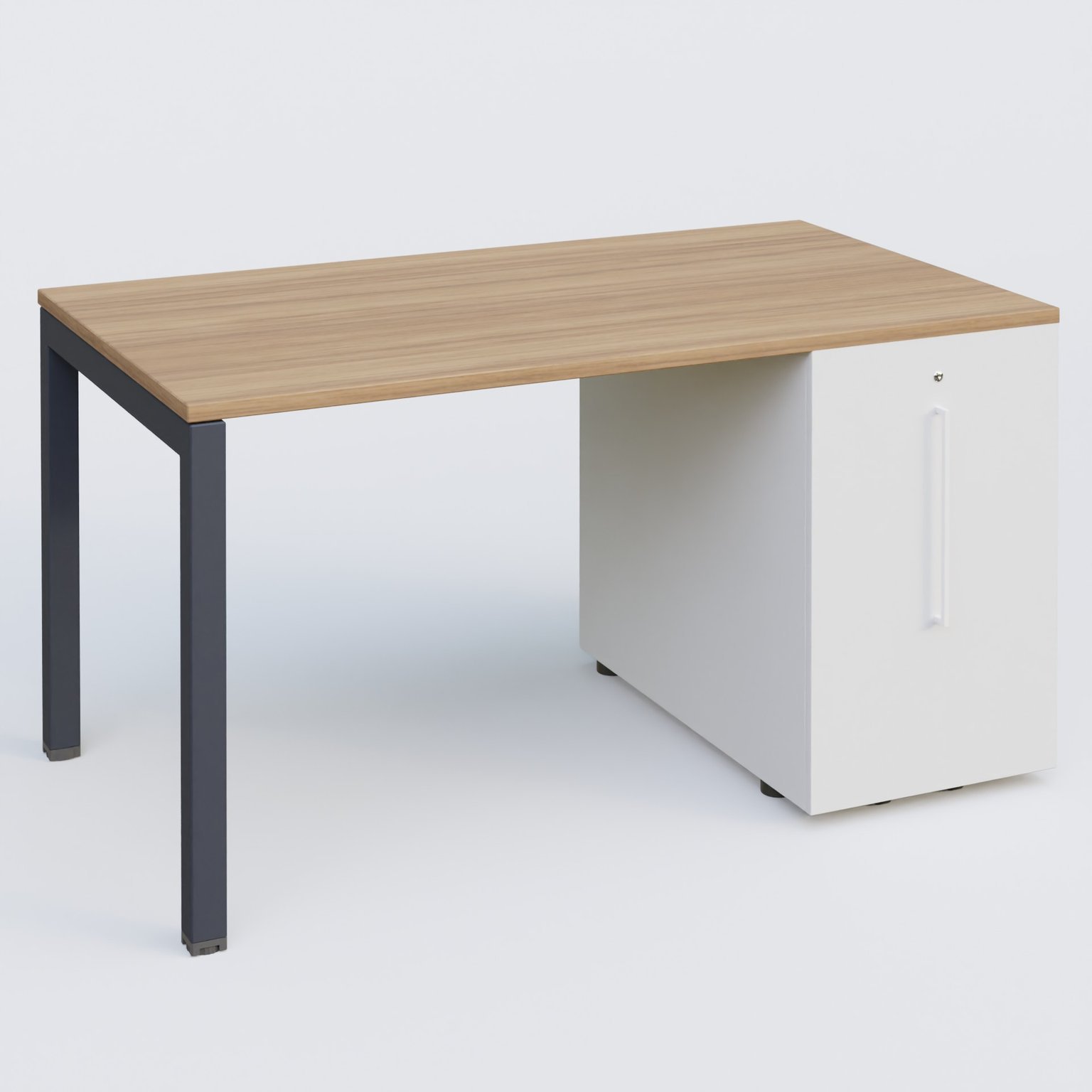 K3 Plateau droit 140x80 avec tour de rangement sous le plateau à droite. Plateau Noyer et pietement Anthracite