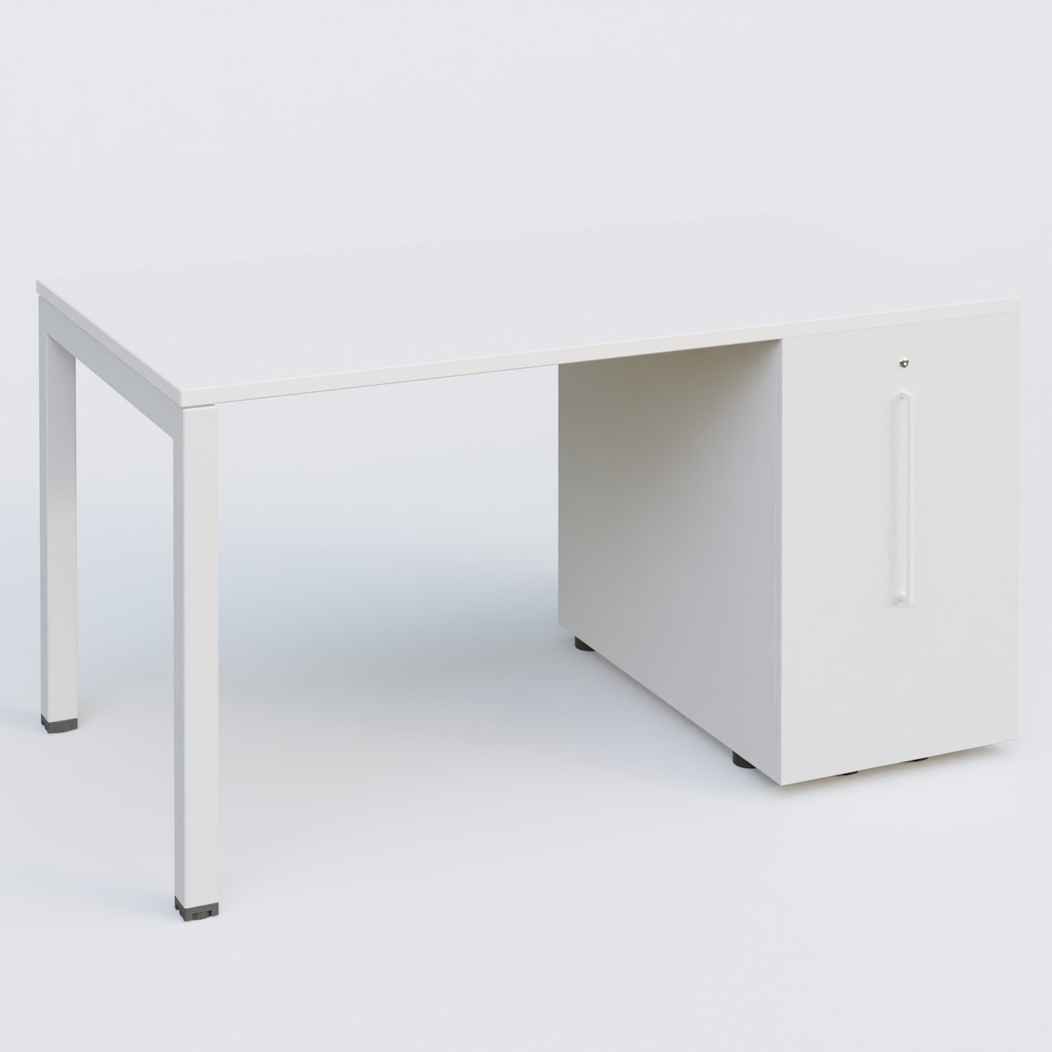 K3 Plateau droit 140x80 avec tour de rangement sous le plateau à droite. Plateau Blanc et pietement Blanc