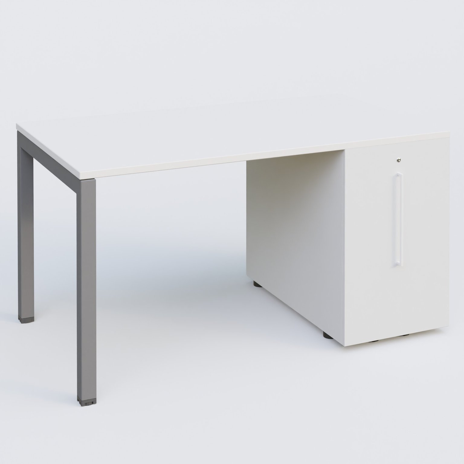 K3 Plateau droit 140x80 avec tour de rangement sous le plateau à droite. Plateau Blanc et pietement Aluminium