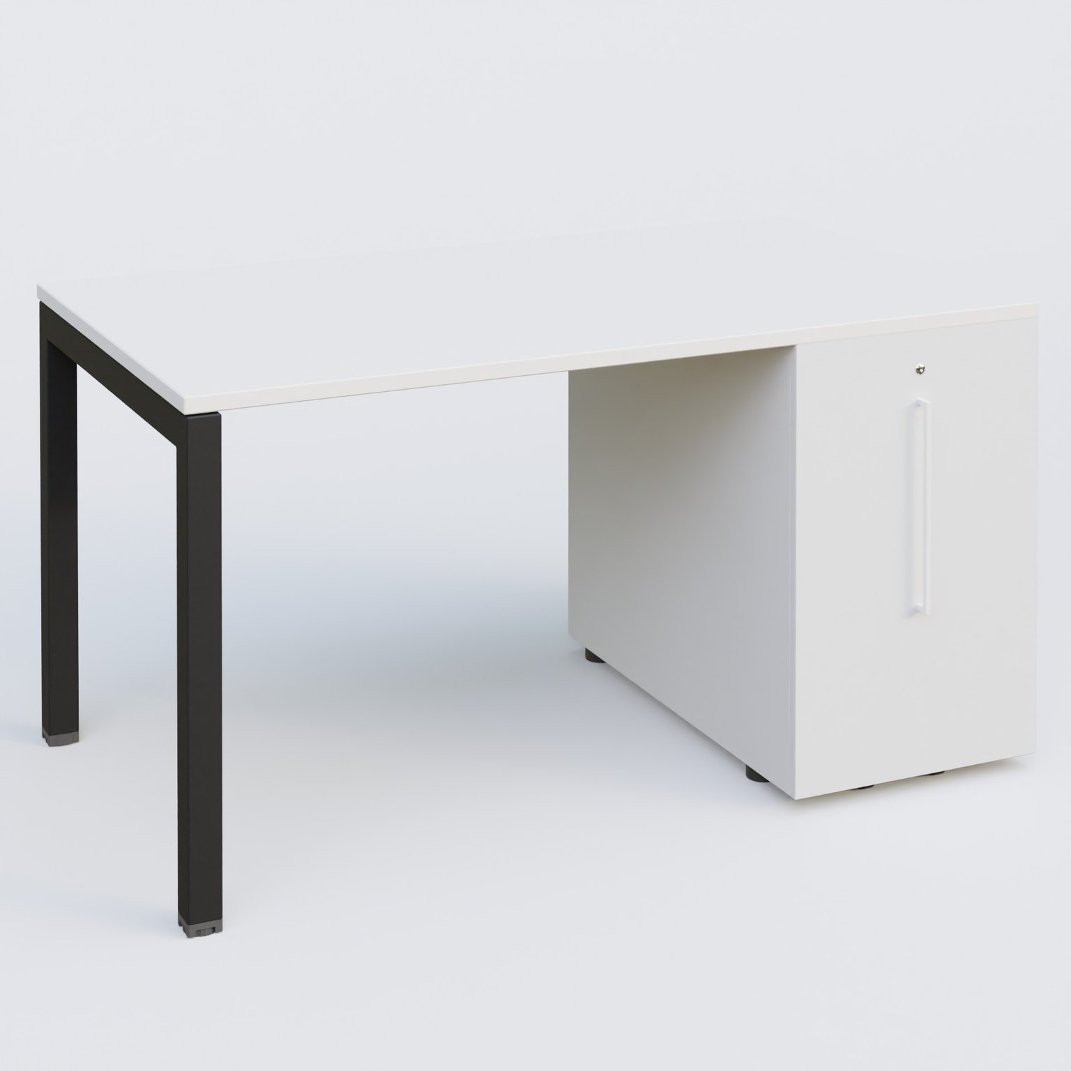 K3 Plateau droit 140x80 avec tour de rangement sous le plateau à droite. Plateau Blanc et pietement Noir Mat