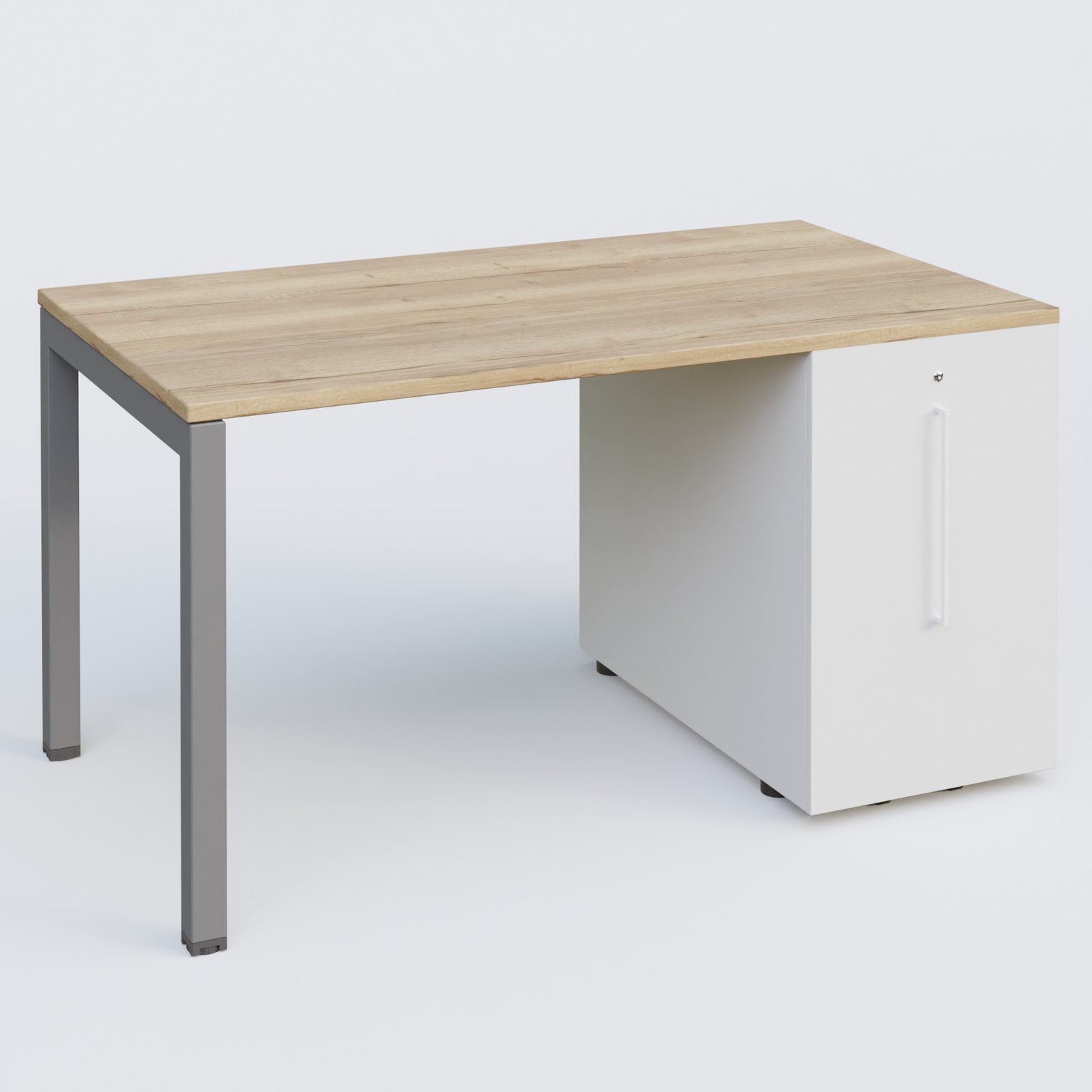 K3 Plateau droit 140x80 avec tour de rangement sous le plateau à droite. Plateau Chêne naturel et pietement Aluminium