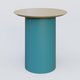 Table Basse Fashion Styl piètement colonne en métal D-26cm et plateau bois. Plateau Chêne et pietement Bleu Petrole (RAL 5025).
