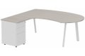Plan compact 90° manager sur caisson HB métal 190 x 141 x 104 x 60 cm, 3 tiroirs, plateau acacia, structure blanc