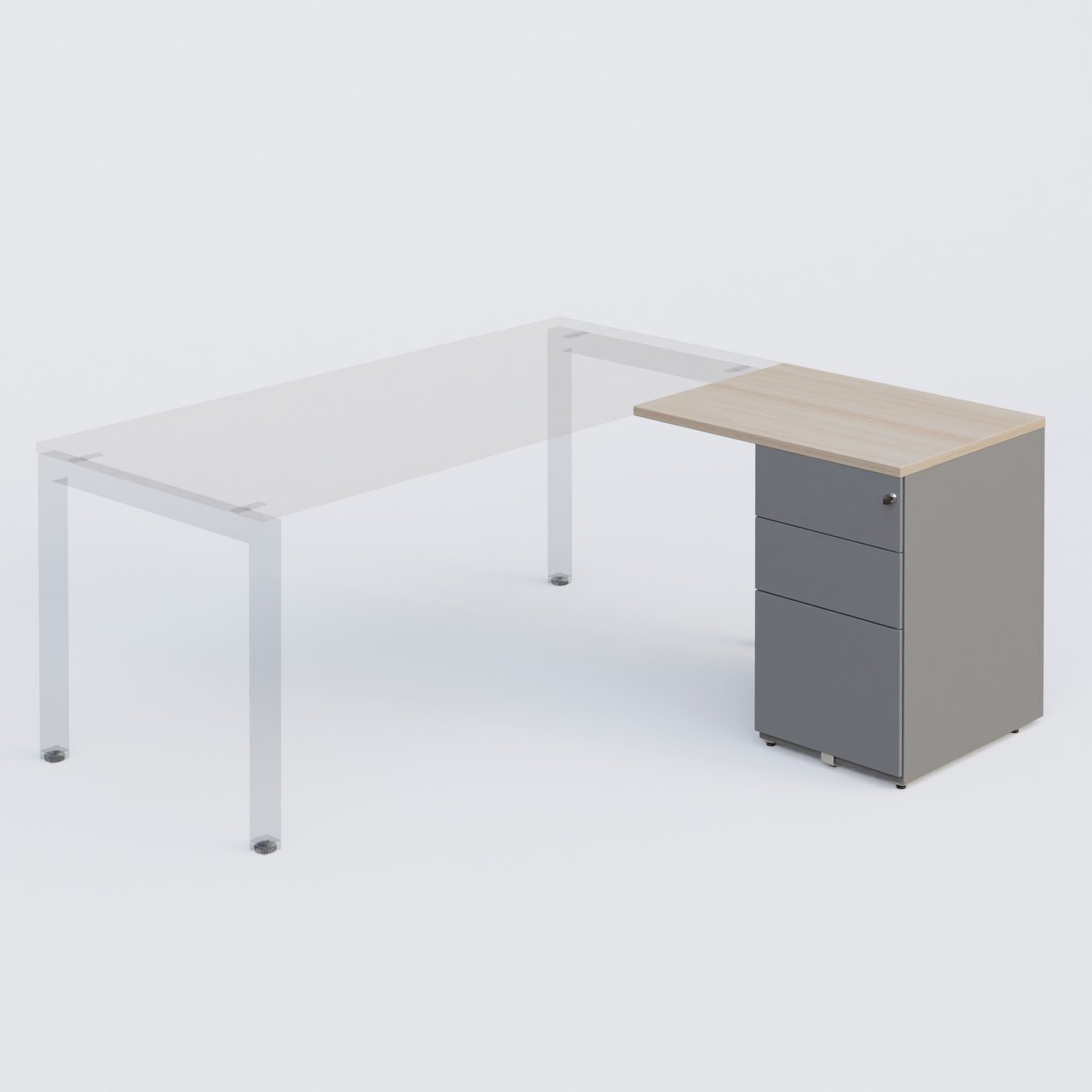 Retour direct 80x60cm sur caisson métal HB P.60cm 3 tiroirs, plateau acacia, structure aluminium