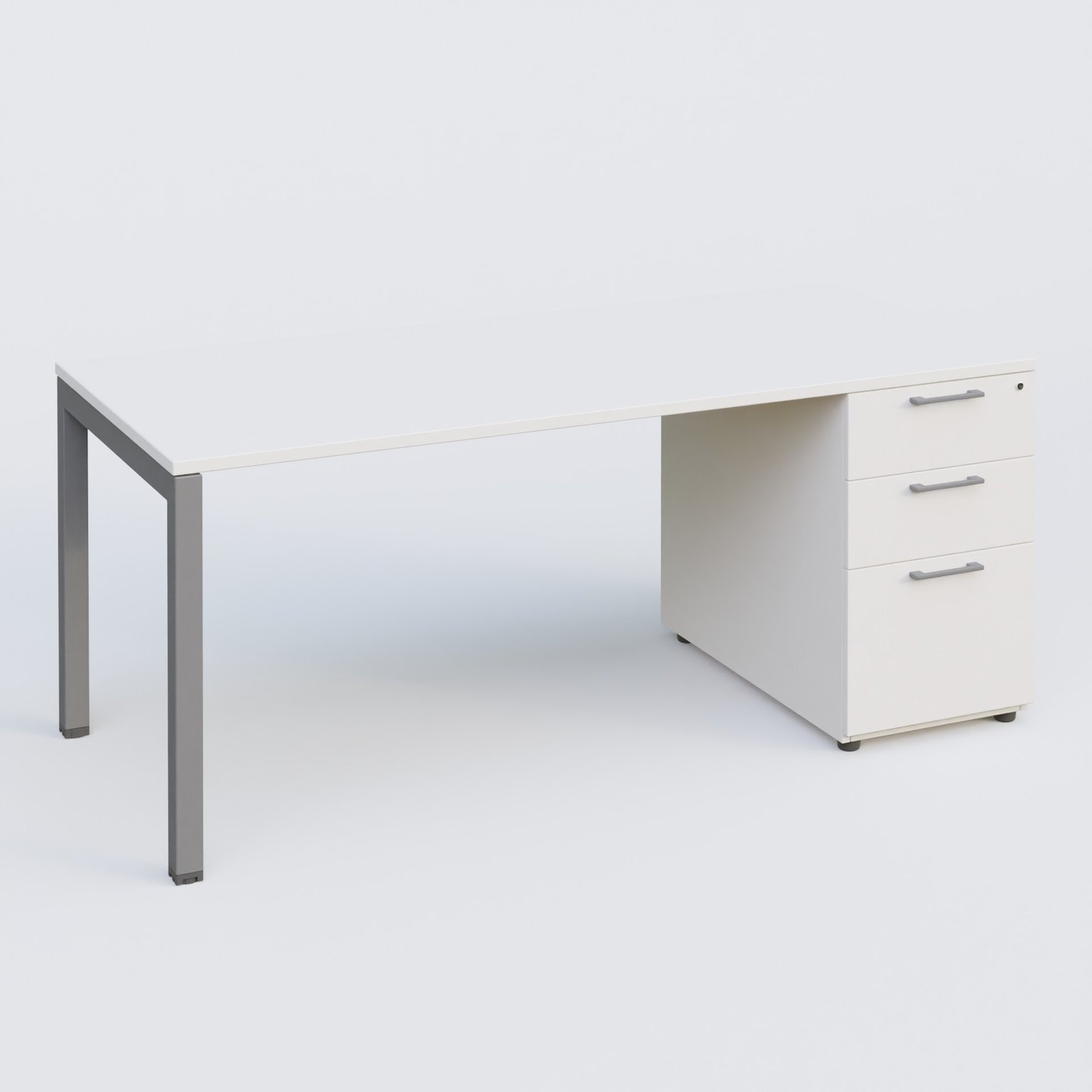 K3 Plateau droit 180x80 avec caisson porteur mélamine. Plateau ,caisson Blanc et pietement Aluminium