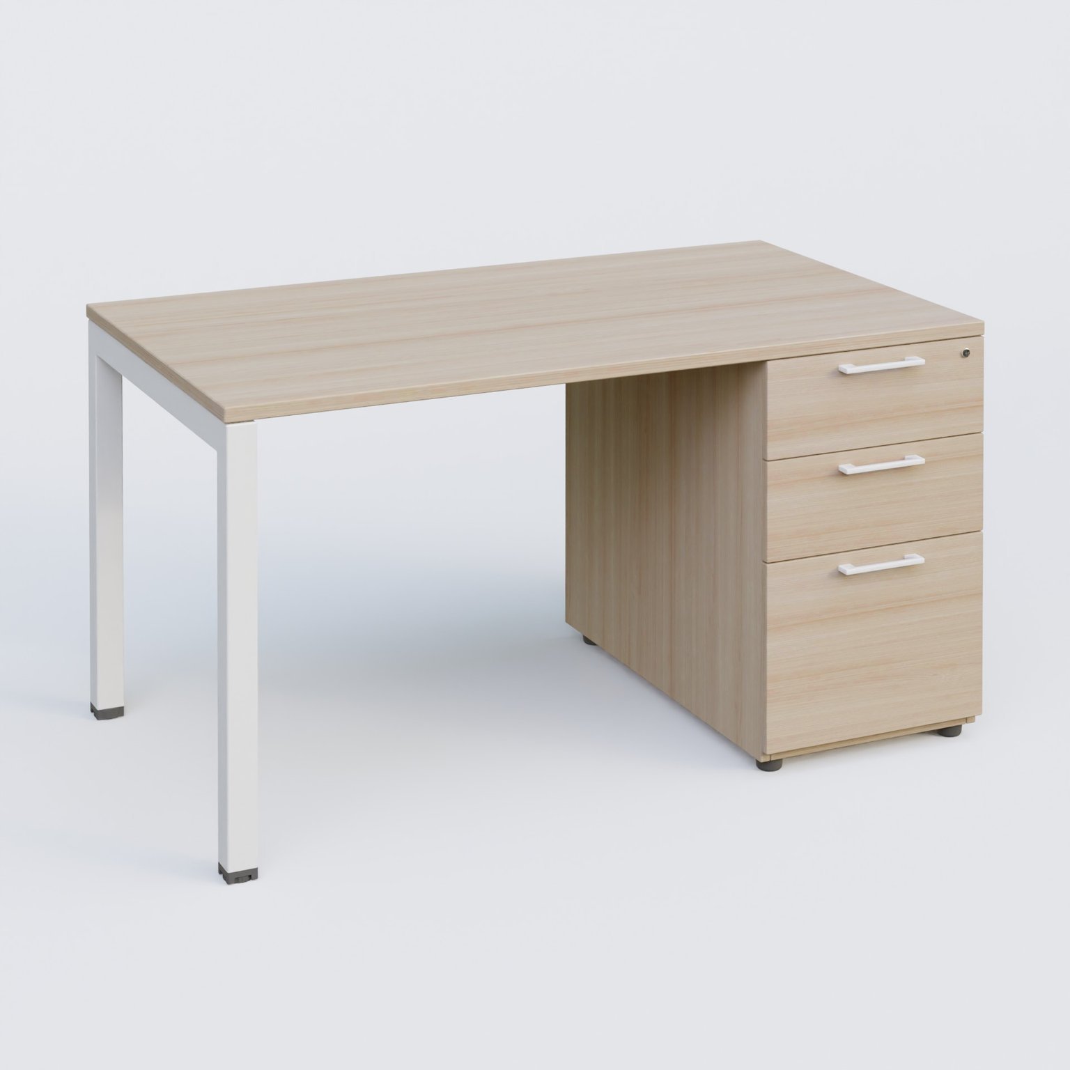 K3 Plateau droit 140x80 avec caisson porteur mélamine. Plateau ,caisson Acacia et pietement Blanc
