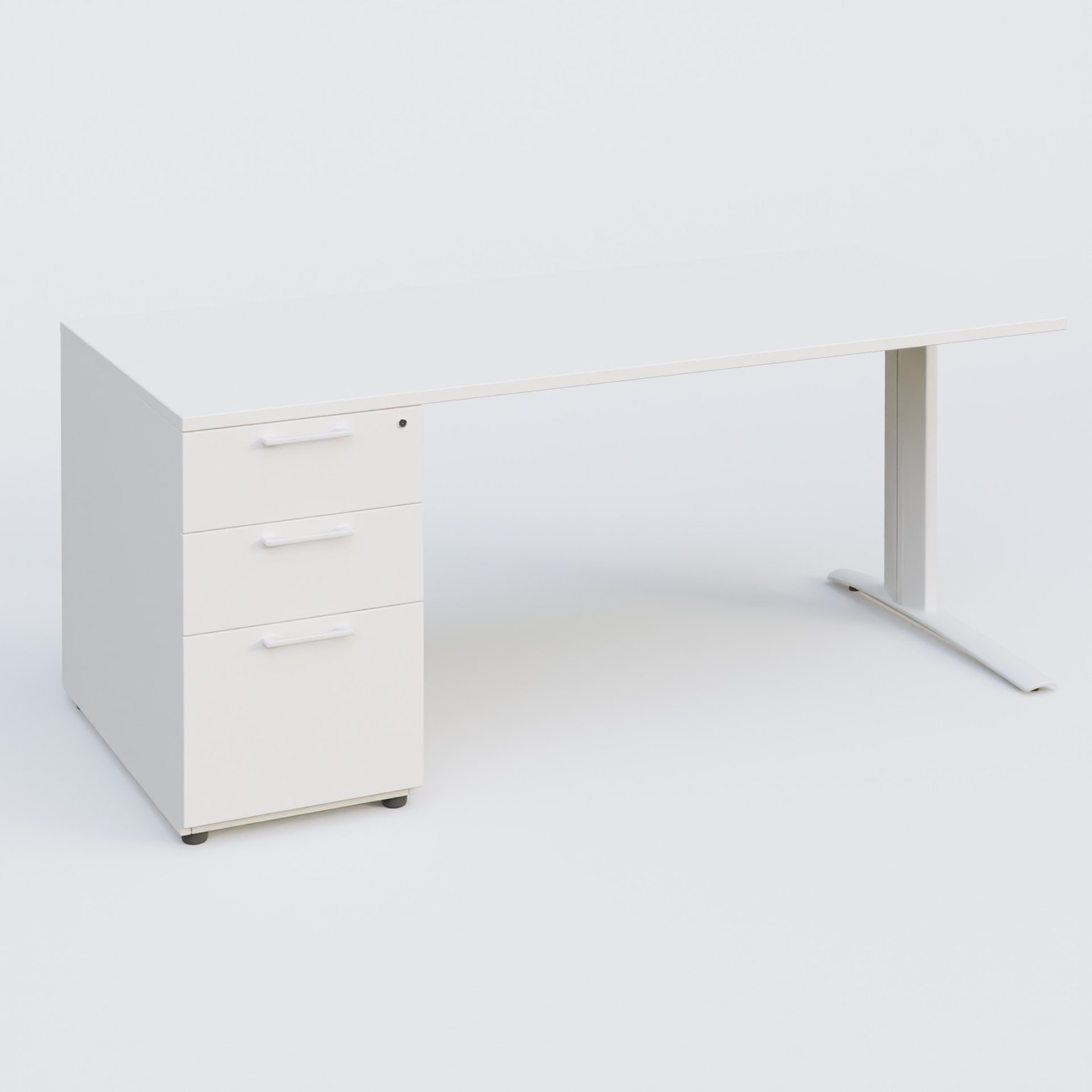 K1 Plateau droit 180x80 avec caisson porteur sous plateau mélamine à gauche. Plateau Blanc et pietement Blanc