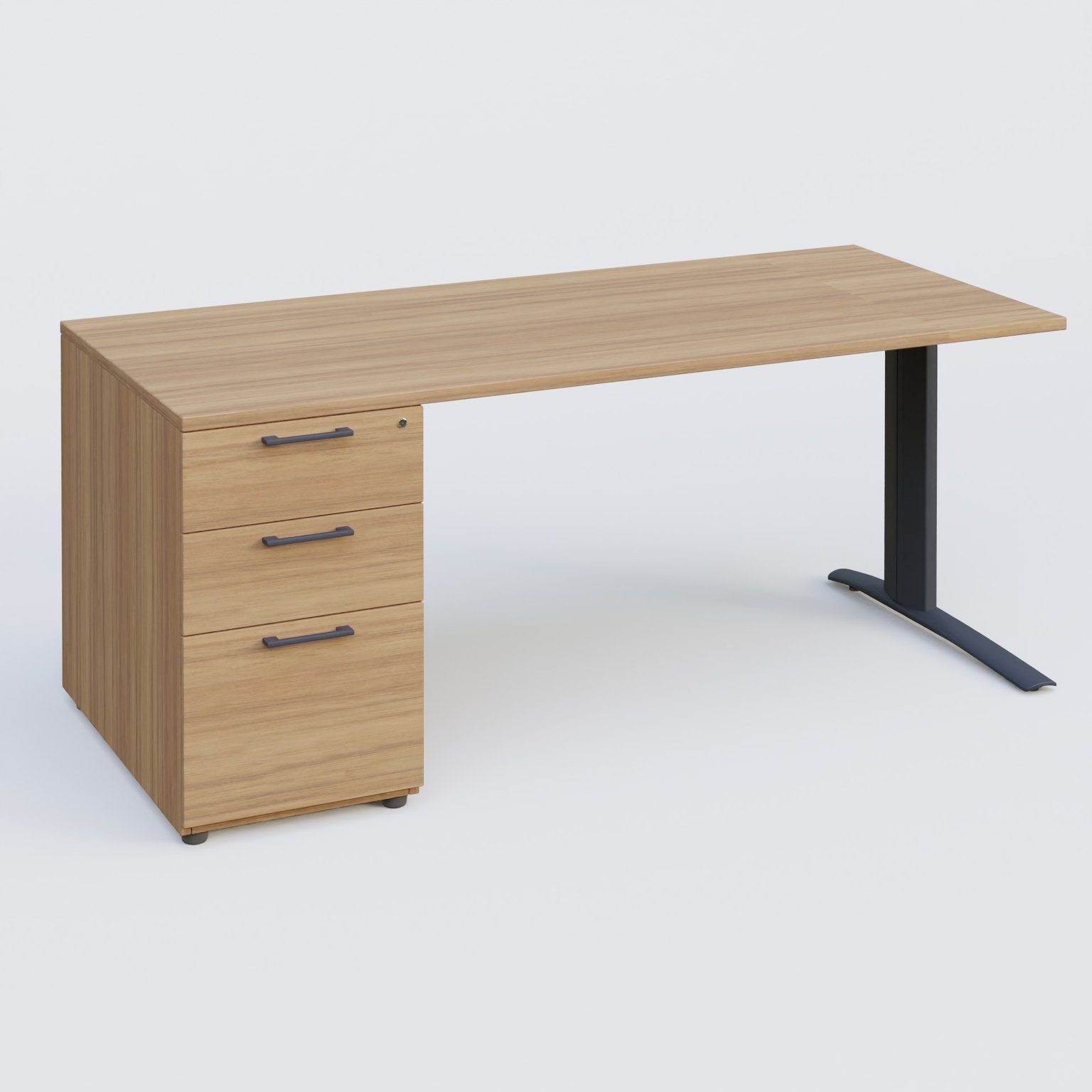 K1 Plateau droit 180x80 avec caisson porteur sous plateau mélamine à gauche. Plateau Noyer et pietement Anthracite