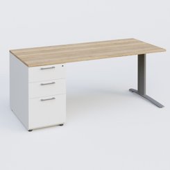 [Pas de famille] - [Pas de sous famille] - K1 Plateau droit 180x80 avec caisson porteur sous plateau mélamine à gauche. Plateau Chêne naturel et pietement Aluminium