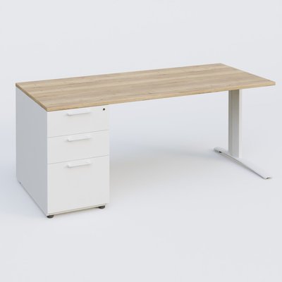 [Pas de famille] - [Pas de sous famille] - K1 Plateau droit 180x80 avec caisson porteur sous plateau mélamine à gauche. Plateau Chêne naturel et pietement Blanc