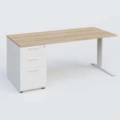 [Pas de famille] - [Pas de sous famille] - K1 Plateau droit 180x80 avec caisson porteur sous plateau mélamine à gauche. Plateau Chêne naturel et pietement Blanc