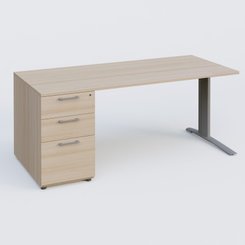 [Pas de famille] - [Pas de sous famille] - K1 Plateau droit 180x80 avec caisson porteur sous plateau mélamine à gauche. Plateau Acacia et pietement Aluminium