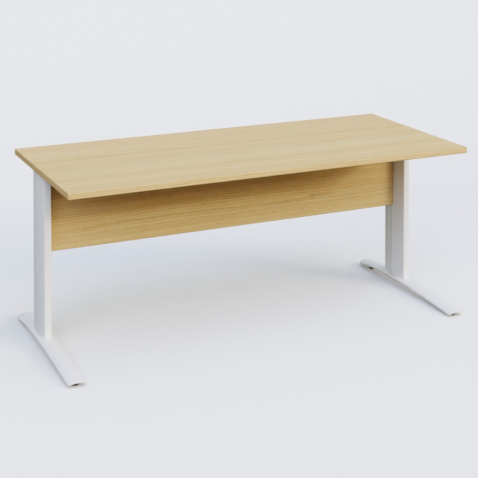 K1 Plateau droit 180x80 avec voile de fond bois. Plateau Chêne clair et pietement Blanc