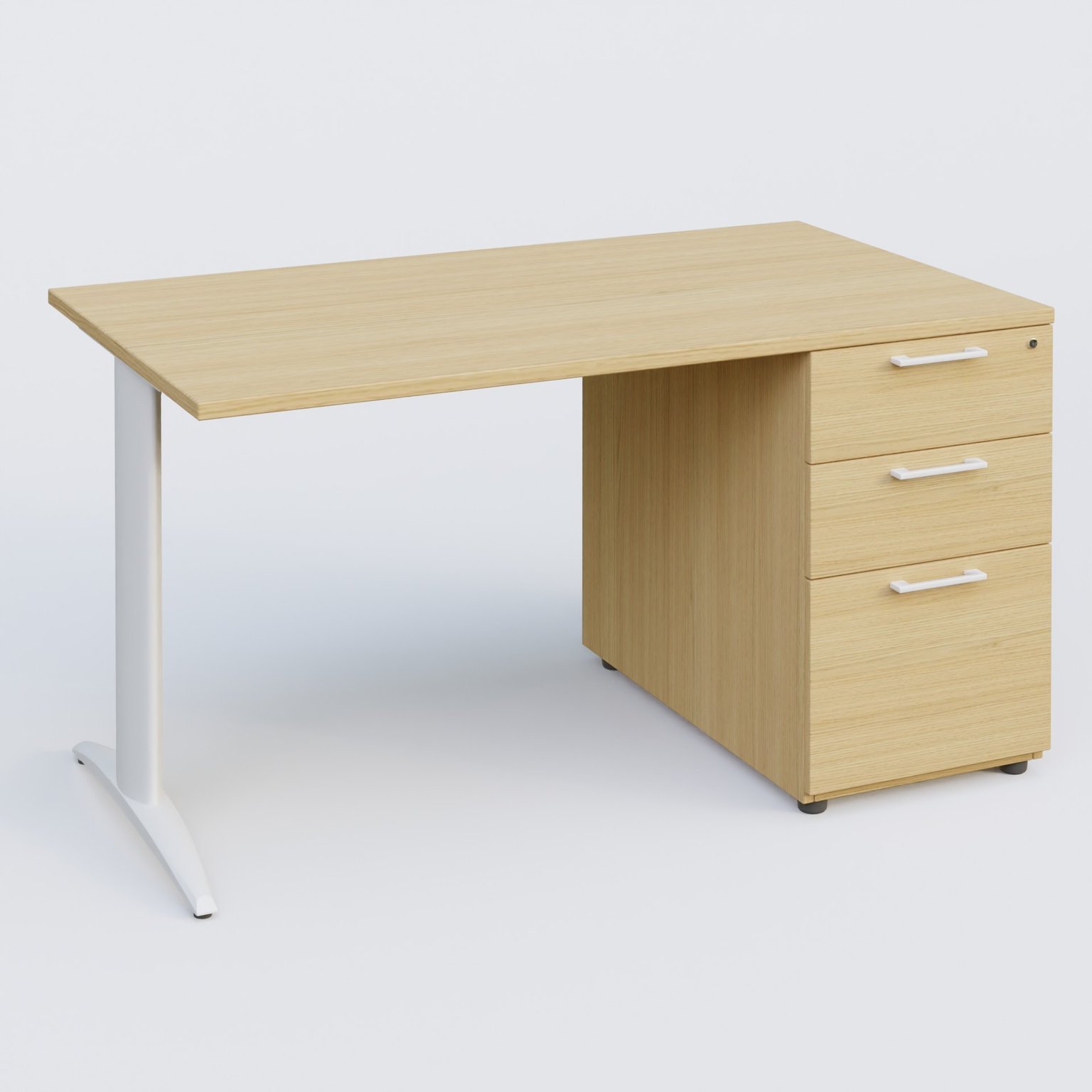 K2 Plateau droit 140x80 avec caisson porteur mélamine sous le plateau. Plateau , caisson Chêne clair et pietement Blanc