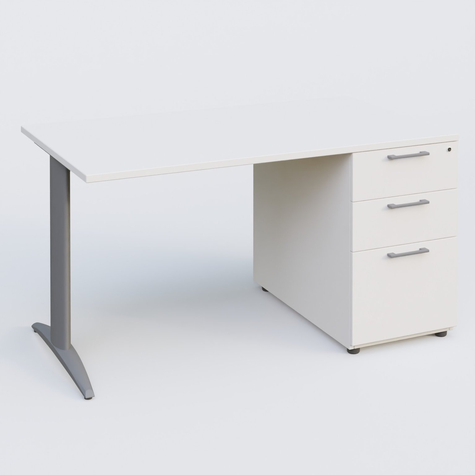 K2 Plateau droit 140x80 avec caisson porteur mélamine sous le plateau. Plateau , caisson Blanc et pietement Aluminium