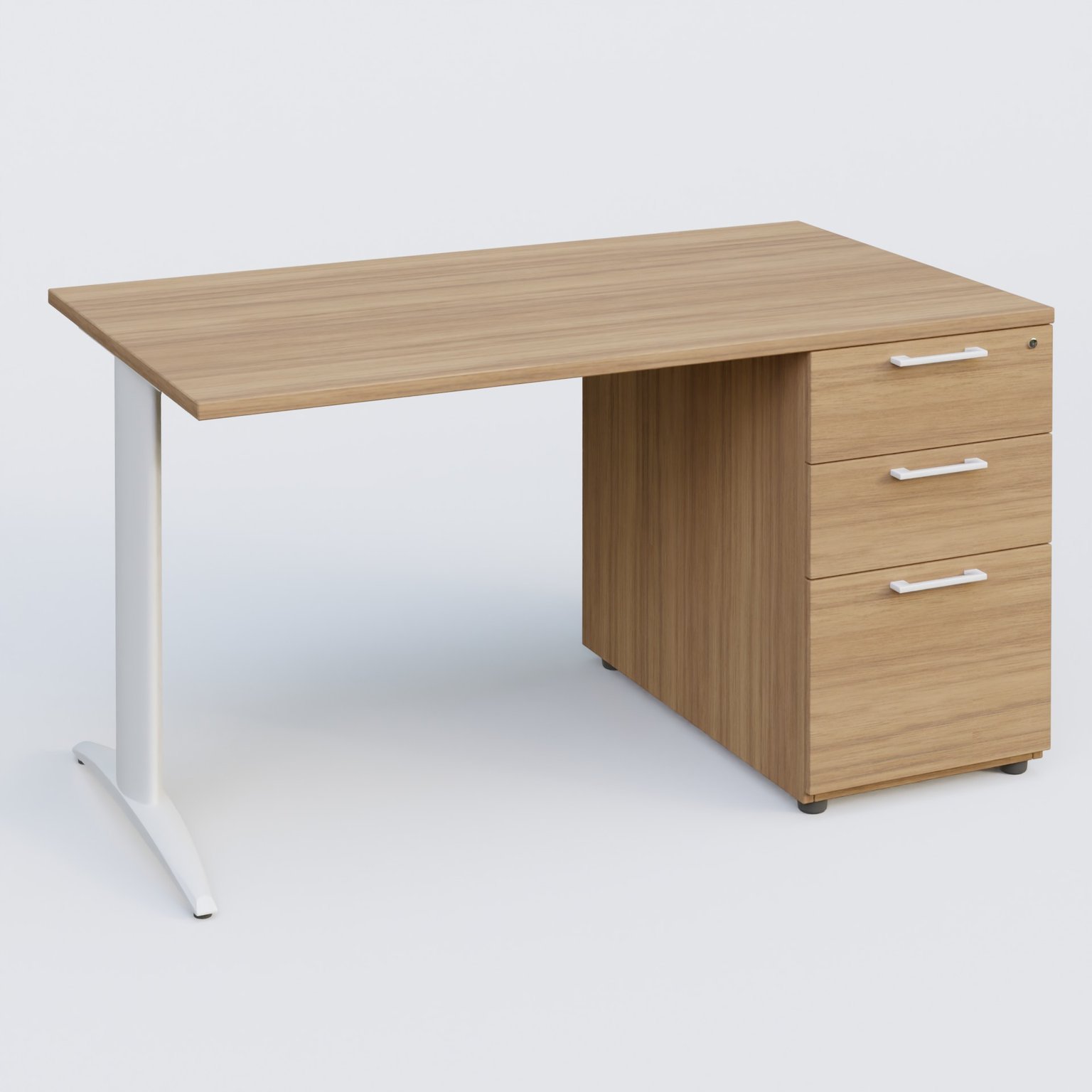 K2 Plateau droit 140x80 avec caisson porteur mélamine sous le plateau. Plateau , caisson Noyer et pietement Blanc