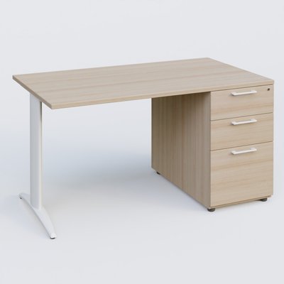 [Pas de famille] - [Pas de sous famille] - K2 Plateau droit 140x80 avec caisson porteur mélamine sous le plateau. Plateau , caisson Acacia et pietement Blanc