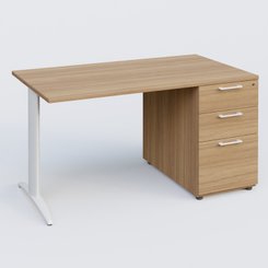 [Pas de famille] - [Pas de sous famille] - K2 Plateau droit 140x80 avec caisson porteur mélamine sous le plateau. Plateau , caisson Noyer et pietement Blanc