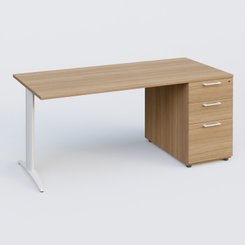 [Pas de famille] - [Pas de sous famille] - K2 Plateau droit 160x80 avec caisson porteur mélamine sous le plateau. Plateau , caisson Noyer et pietement Blanc