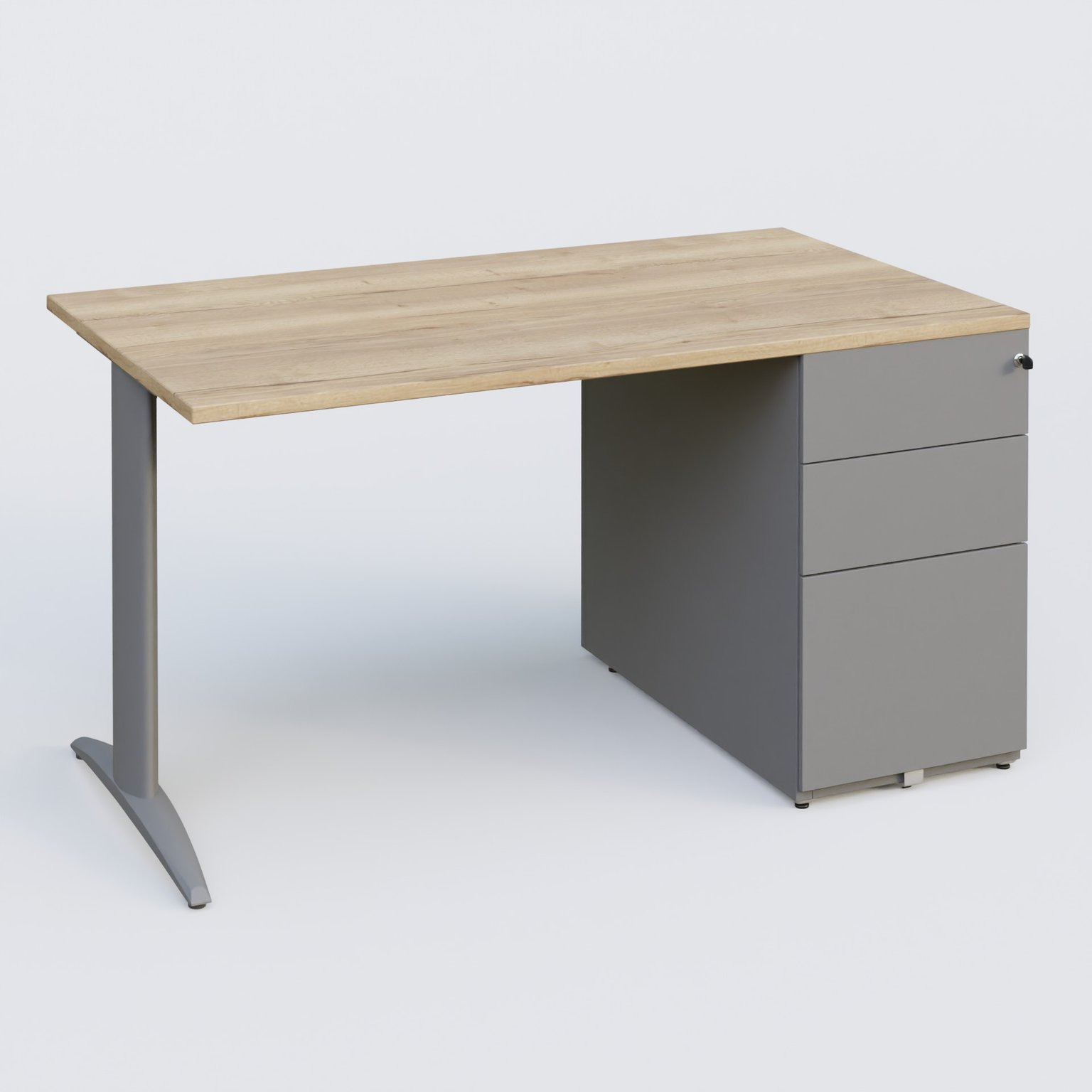 K2 Plateau droit 140x80 avec caisson métalique sous le plateau. Plateau Chêne naturel et pietement Aluminium